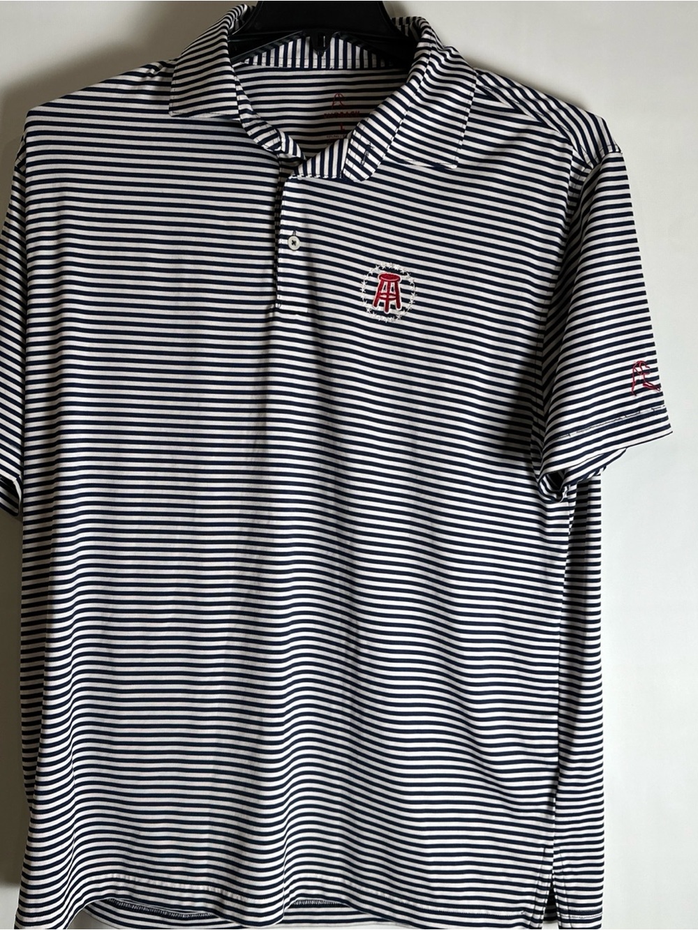Rhoback Men's Navy & White Striped Polo Shirt with Barstool Logo